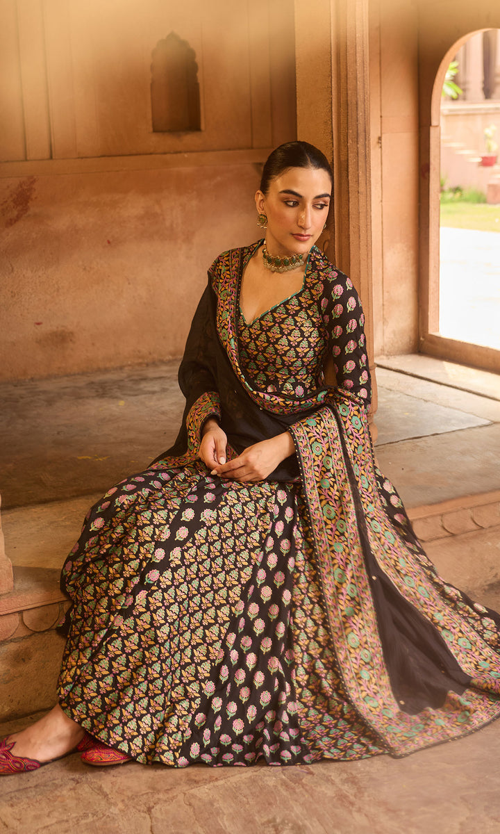 Boond 3.0 black block printed anarkali with palazzo and dupatta (Set of 3)