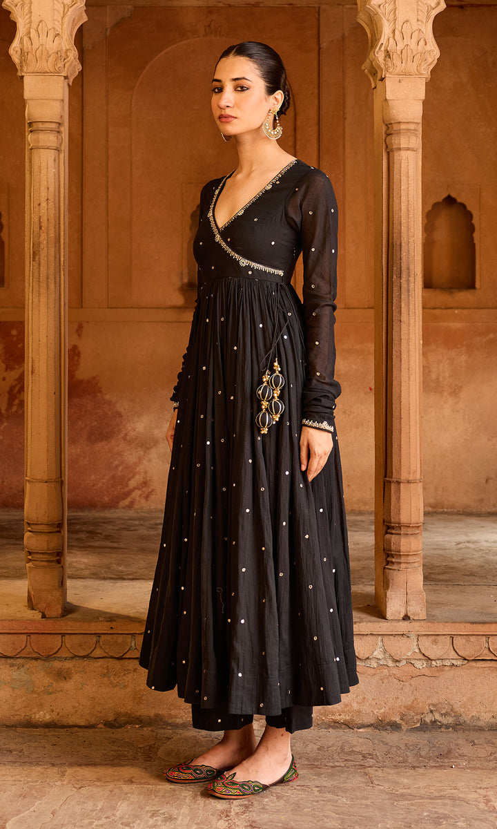 Boond 3.0 black solid angrakha anarkali with palazzo and  dupatta (set of 3)