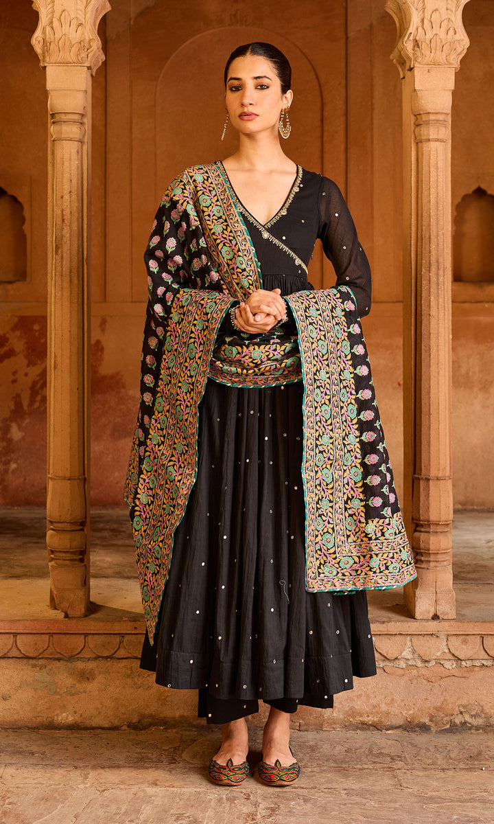Boond 3.0 black solid angrakha anarkali with palazzo and  dupatta (set of 3)