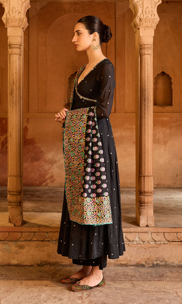 Boond 3.0 black solid angrakha anarkali with palazzo and  dupatta (set of 3)