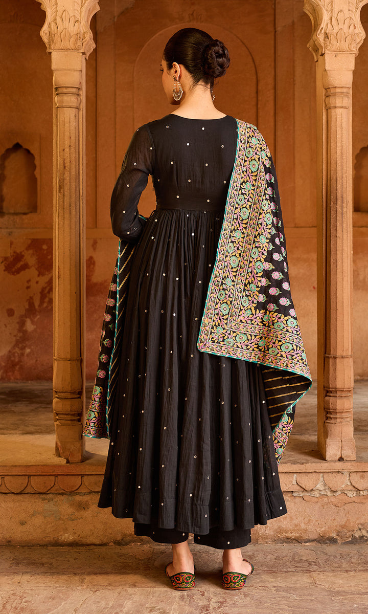 Boond 3.0 black solid angrakha anarkali with palazzo and  dupatta (set of 3)