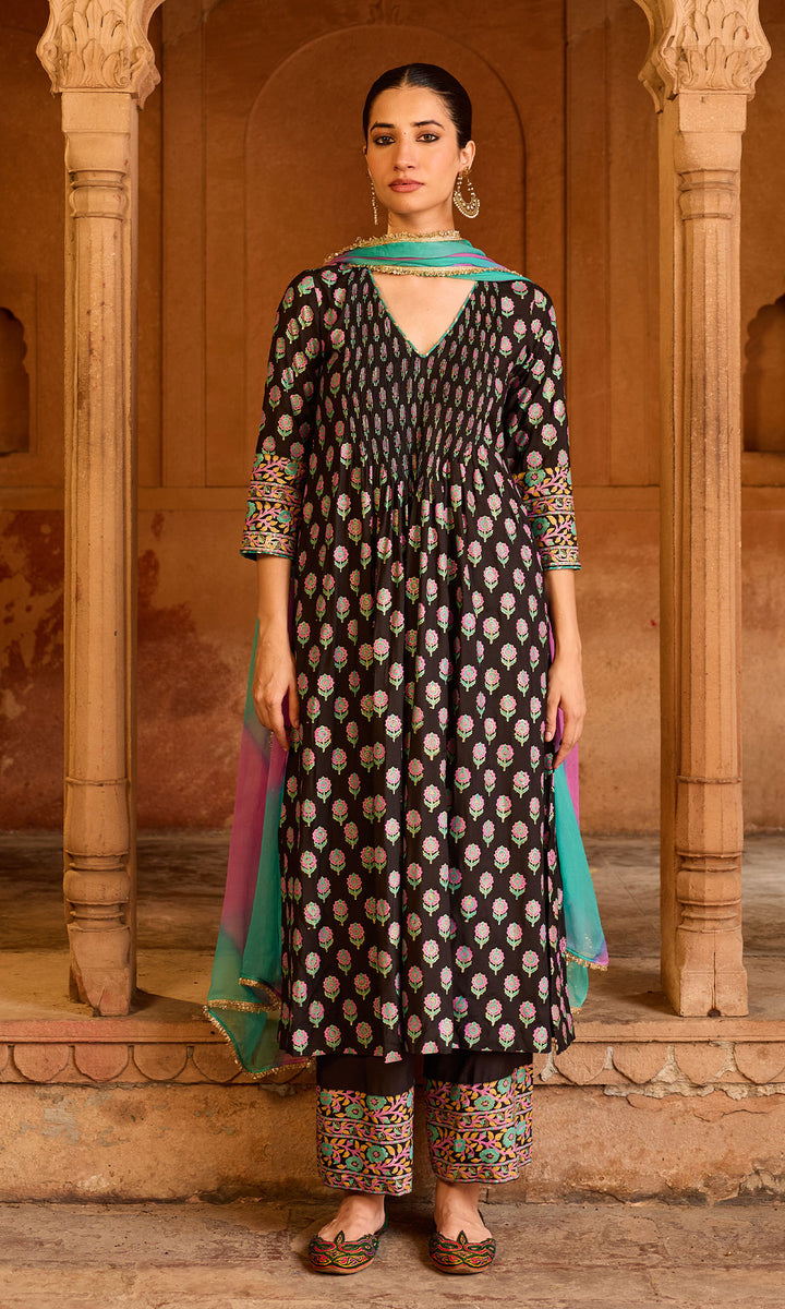 Boond 3.0 black block print pintuck kurta with palazzo and leheriya dupatta (set of 3)