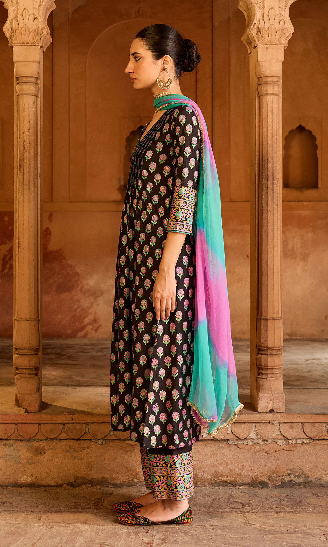 Boond 3.0 black block print pintuck kurta with palazzo and leheriya dupatta (set of 3)