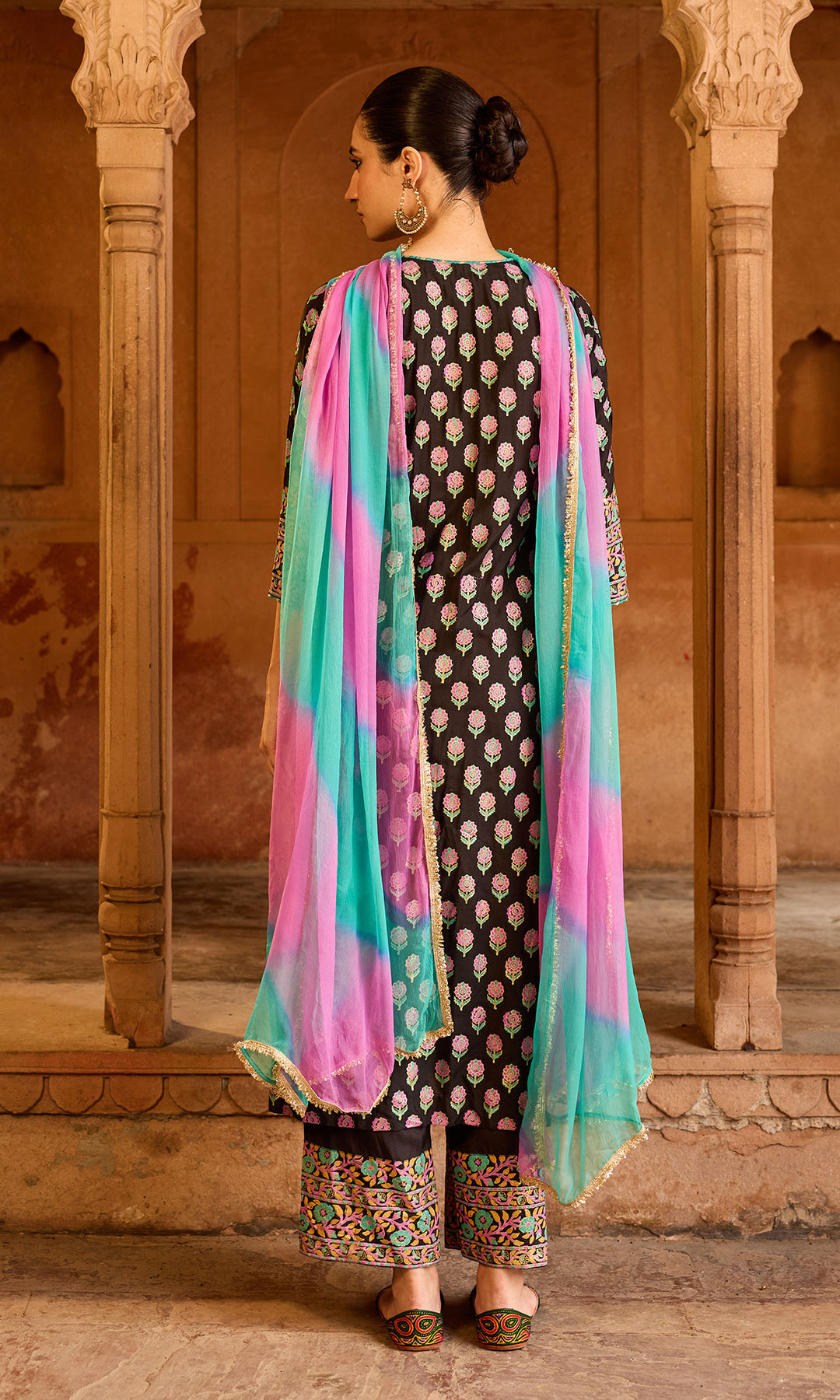 Boond 3.0 black block print pintuck kurta with palazzo and leheriya dupatta (set of 3)