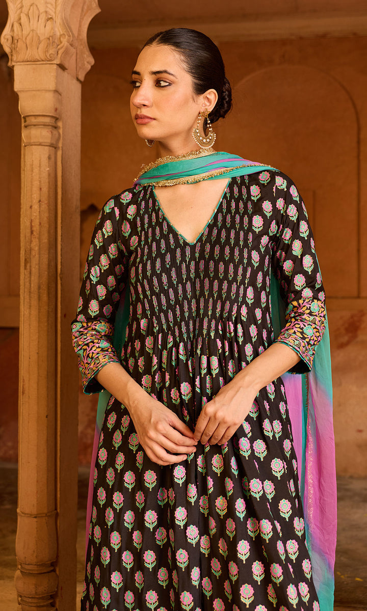 Boond 3.0 black block print pintuck kurta with palazzo and leheriya dupatta (set of 3)