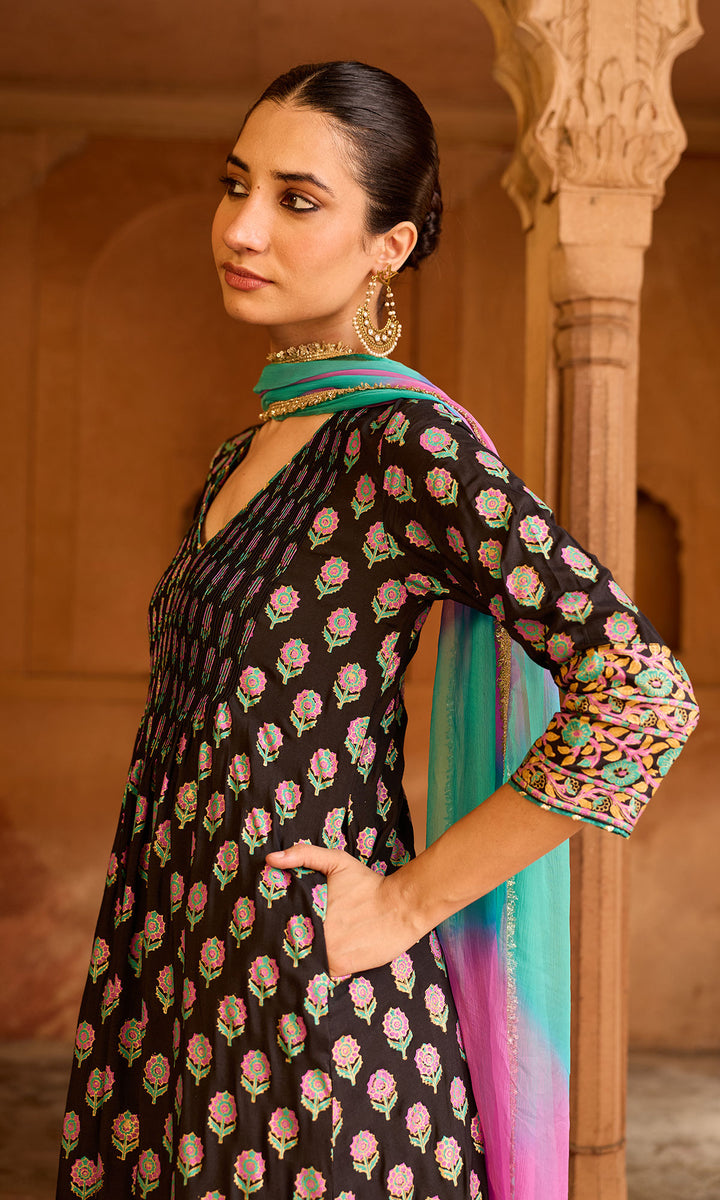Boond 3.0 black block print pintuck kurta with palazzo and leheriya dupatta (set of 3)