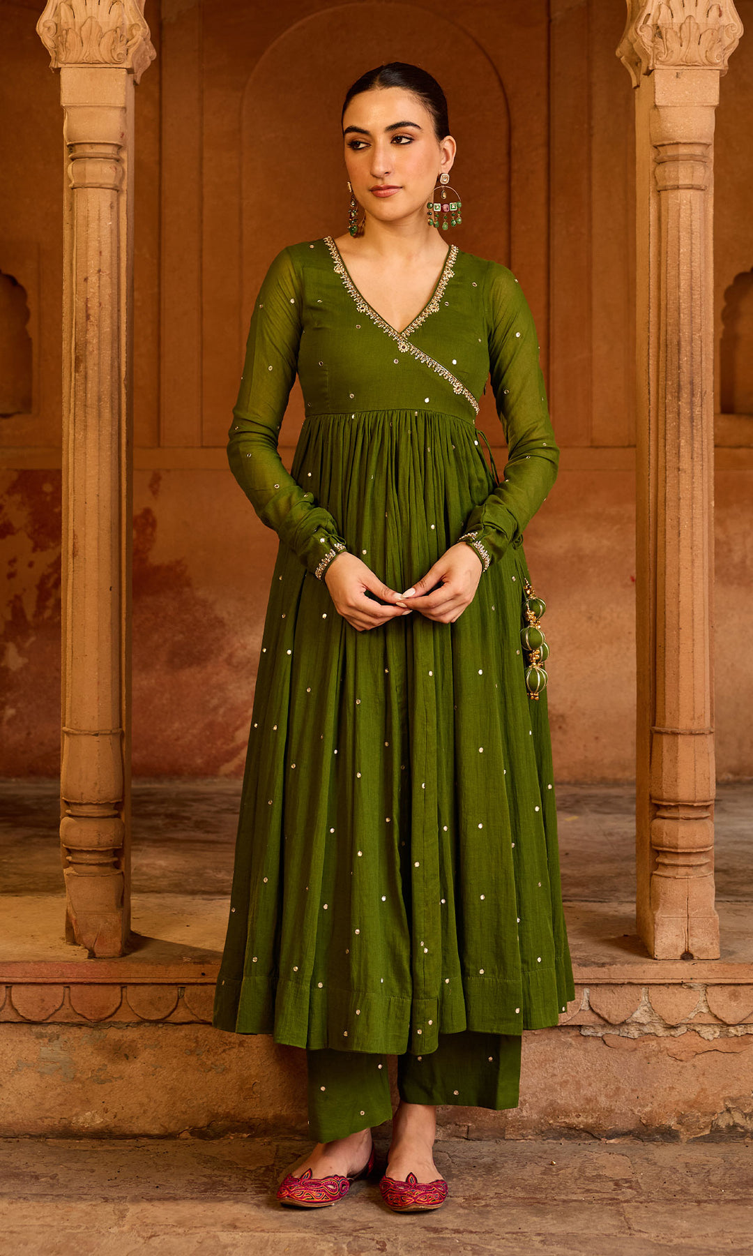 Boond 3.0 olive green solid angrakha anarkali with palazzo and dupatta (set of 3), S Boond 3.0 olive green solid angrakha anarkali with palazzo and dupatta (set of 3), S