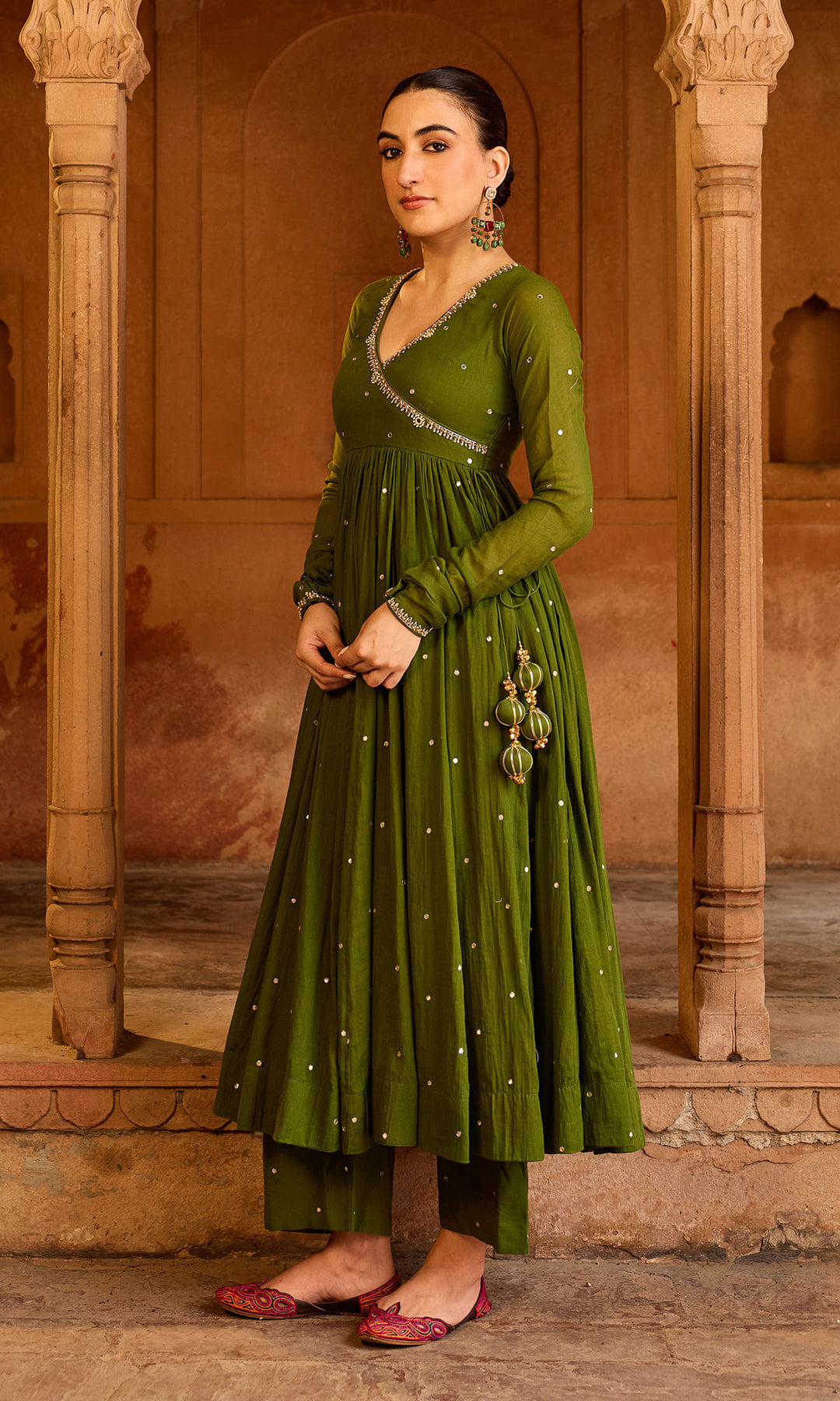 Boond 3.0 Olive Green Solid Angrakha Anarkali with Palazzo and Dupatta (Set of 3), S Boond 3.0 Olive Green Solid Angrakha Anarkali with Palazzo and Dupatta (Set of 3), S