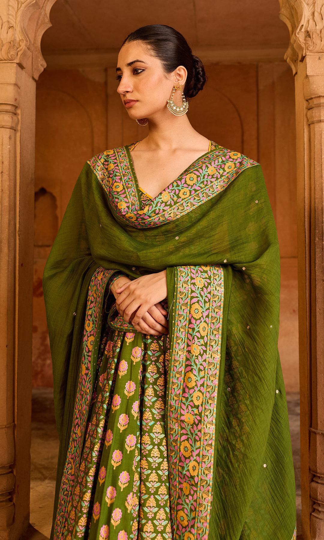 Boond 3.0 Olive Green Block Printed Anarkali with Palazzo and Dupatta (set of 3)