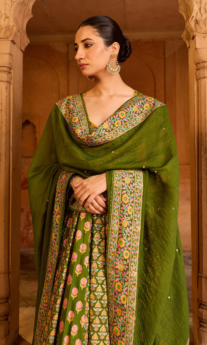 Boond 3.0 Olive Green Block Printed Anarkali with Palazzo and Dupatta (set of 3)