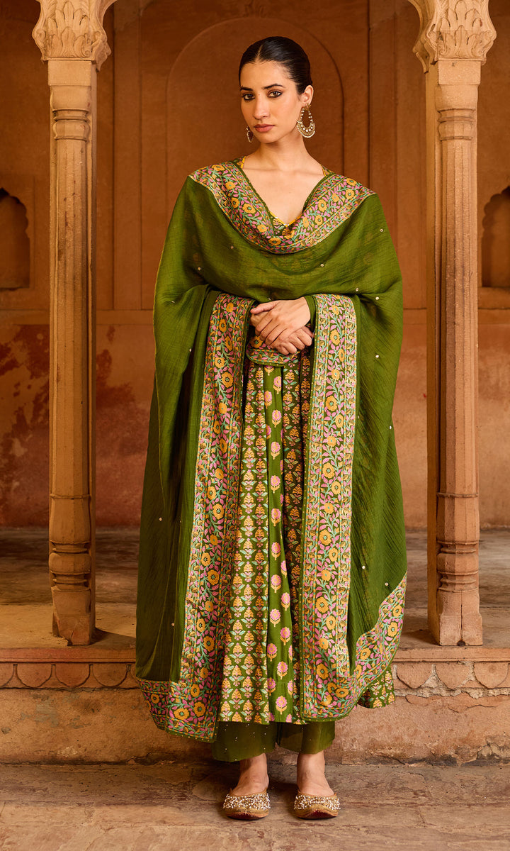 Boond 3.0 Olive Green Block Printed Anarkali with Palazzo and Dupatta (set of 3)