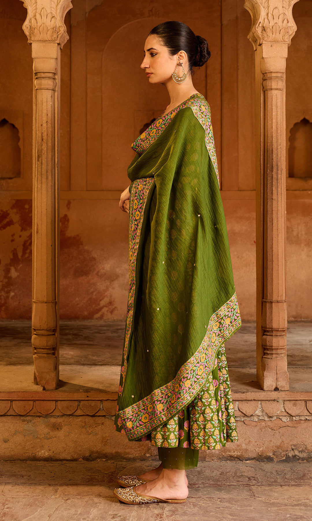 Boond 3.0 Olive Green Block Printed Anarkali with Palazzo and Dupatta (set of 3)