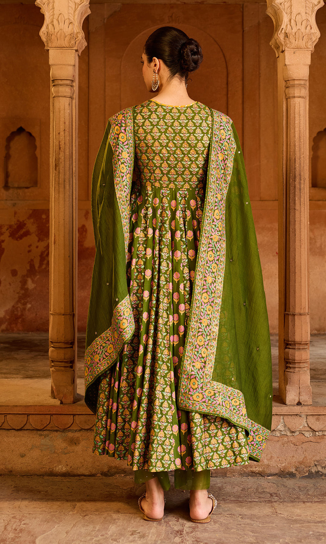 Boond 3.0 Olive Green Block Printed Anarkali with Palazzo and Dupatta (set of 3)