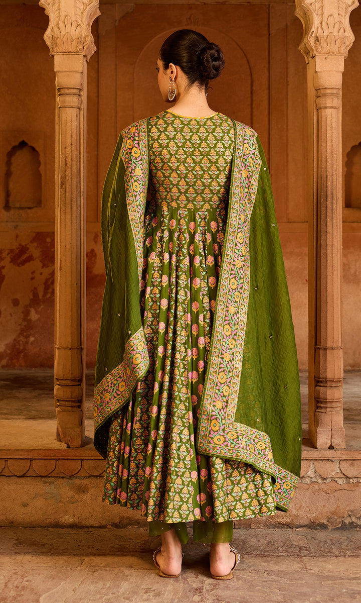 Boond 3.0 Olive Green Block Printed Anarkali with Palazzo and Dupatta (set of 3)