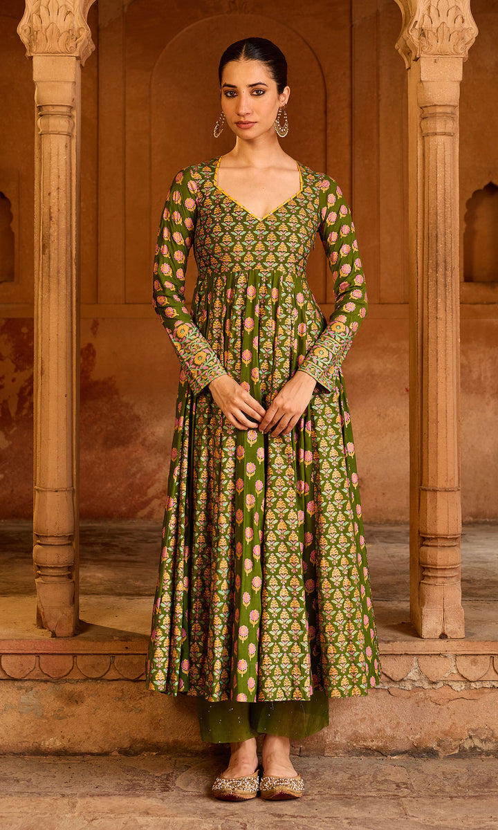 Boond 3.0 Olive Green Block Printed Anarkali with Palazzo and Dupatta (set of 3)