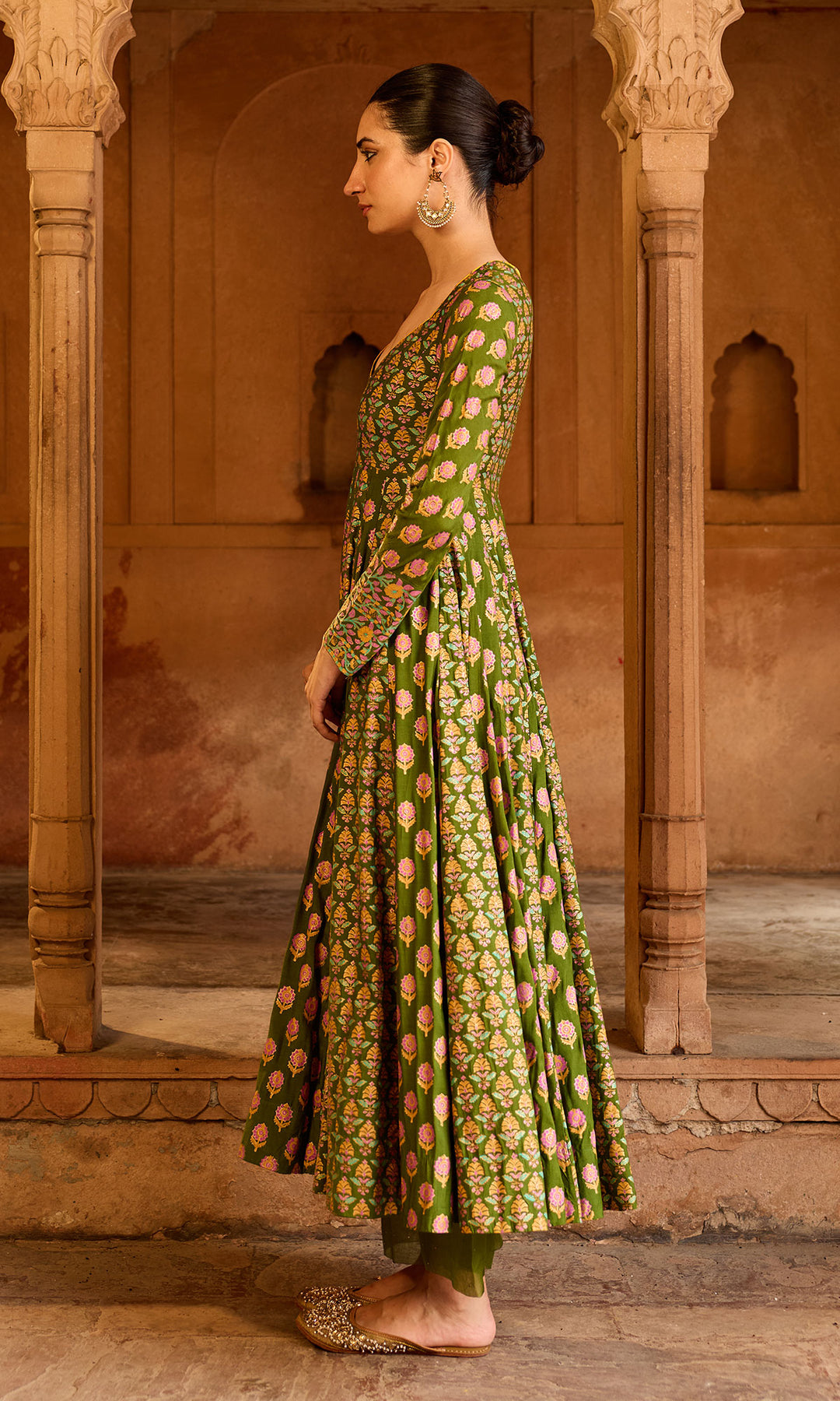 Boond 3.0 Olive Green Block Printed Anarkali with Palazzo and Dupatta (set of 3)