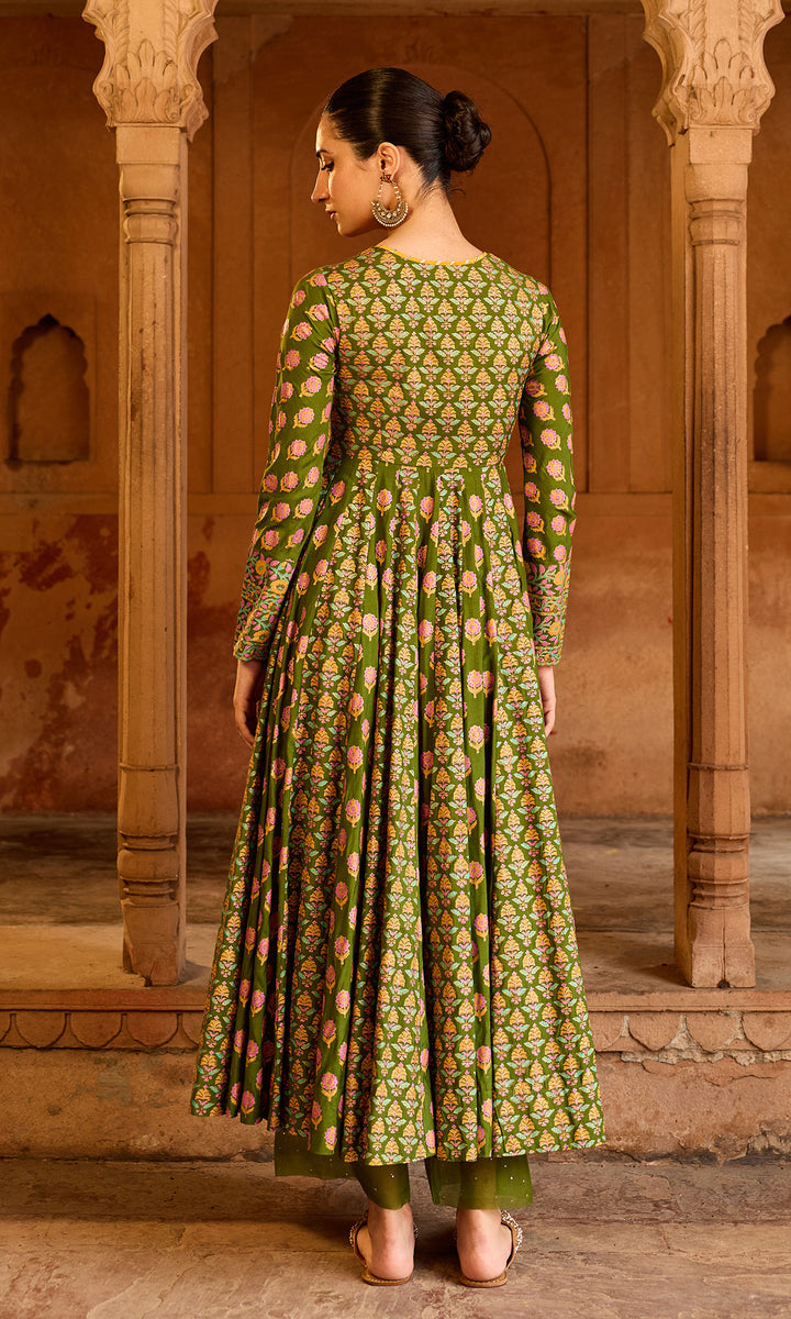 Boond 3.0 Olive Green Block Printed Anarkali with Palazzo and Dupatta (set of 3)