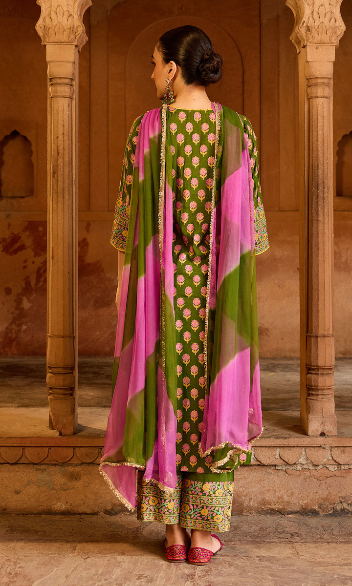 Boond 3.0 olive green Block print pintuck kurta with palazzo and leheriya dupatta (set of 3)