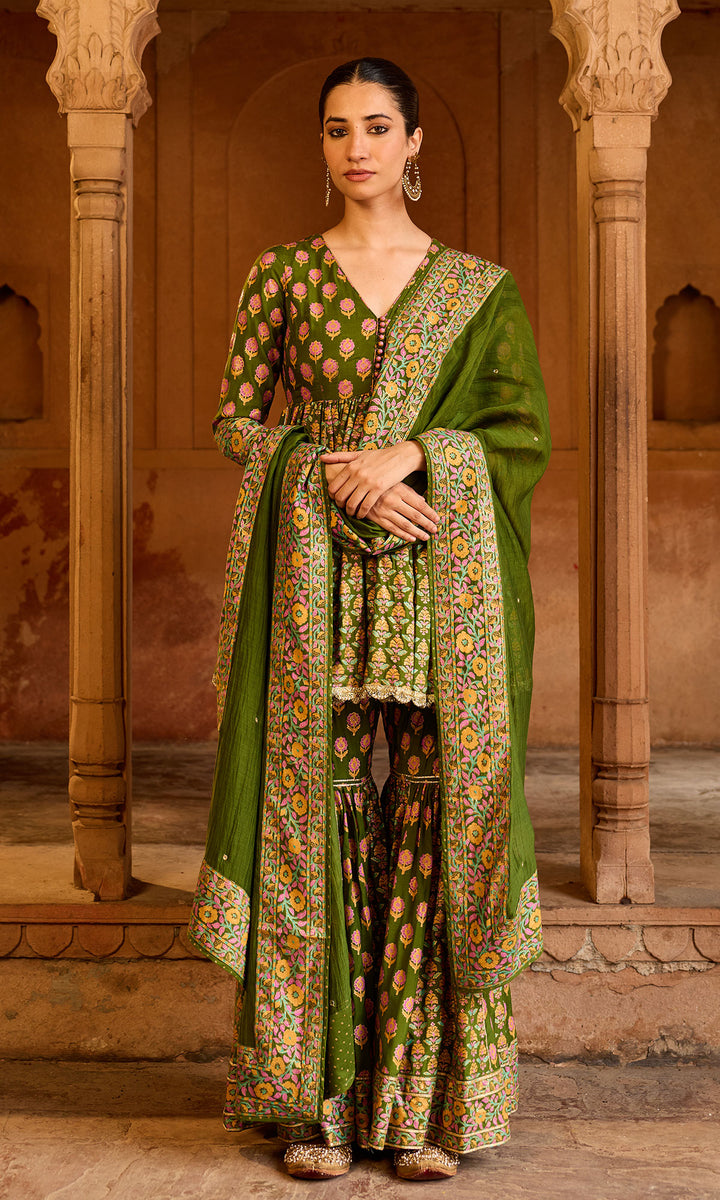 Boond 3.0 olive green Block printed garara set (set of 3)