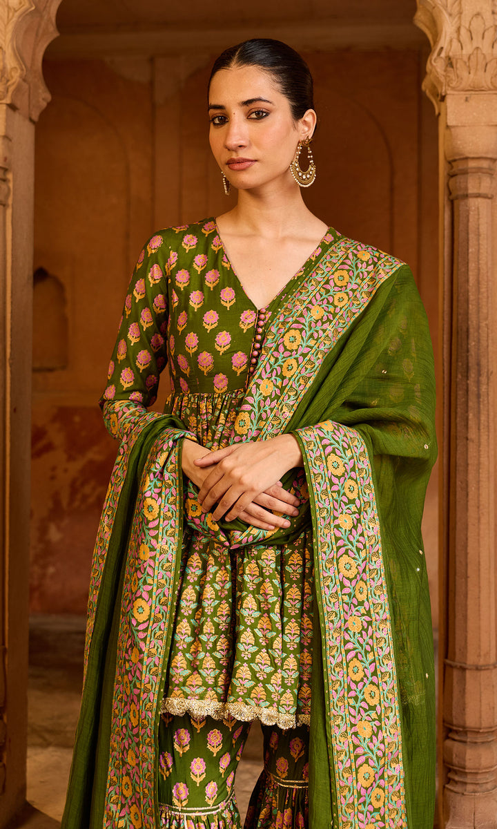 Boond 3.0 olive green Block printed garara set (set of 3)