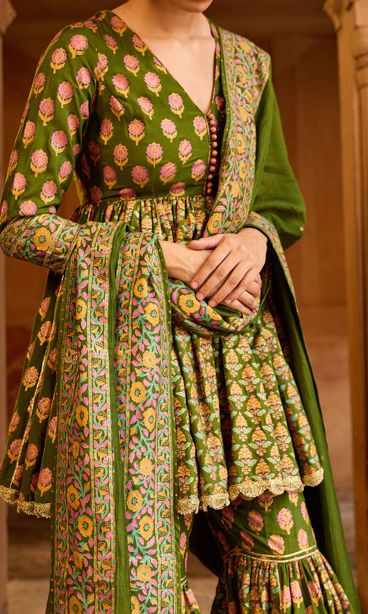 Boond 3.0 olive green Block printed garara set (set of 3)