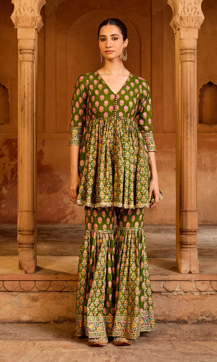 Boond 3.0 olive green Block printed garara set (set of 3)