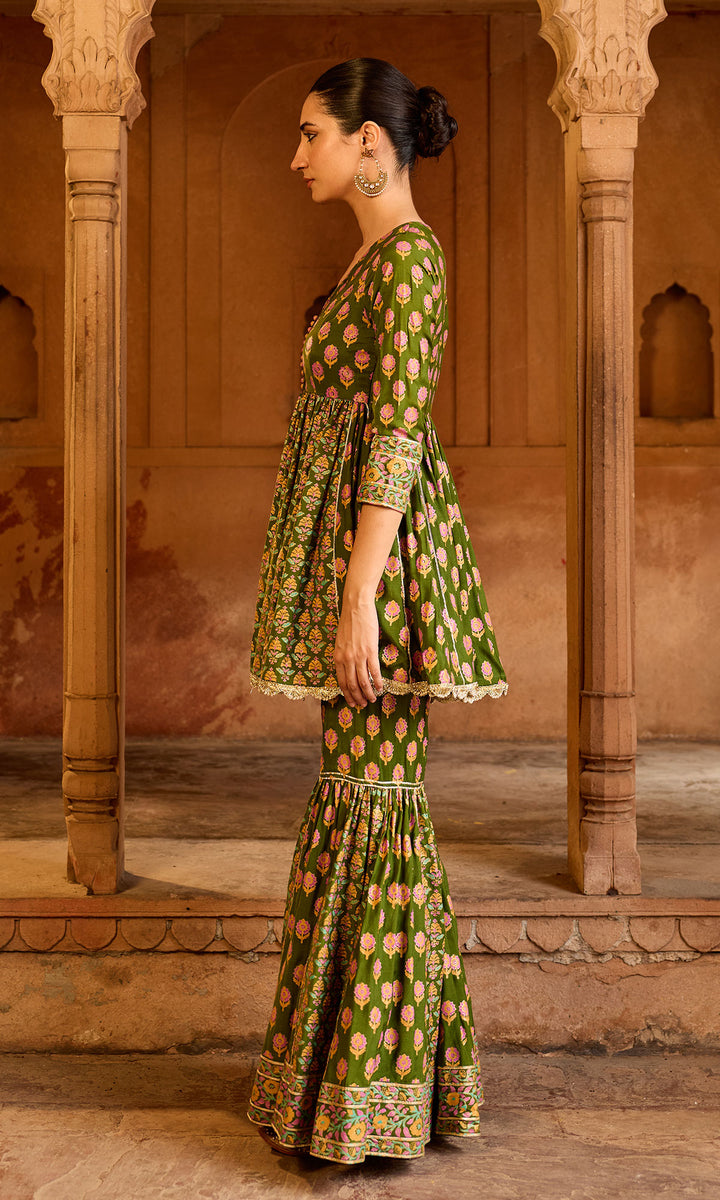 Boond 3.0 olive green Block printed garara set (set of 3)