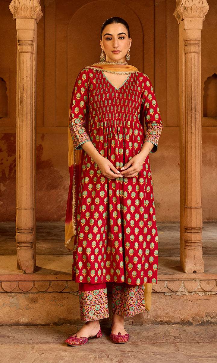 Boond 3.0 red block print pintuck kurta with palazzo and leheriya dupatta (set of 3)