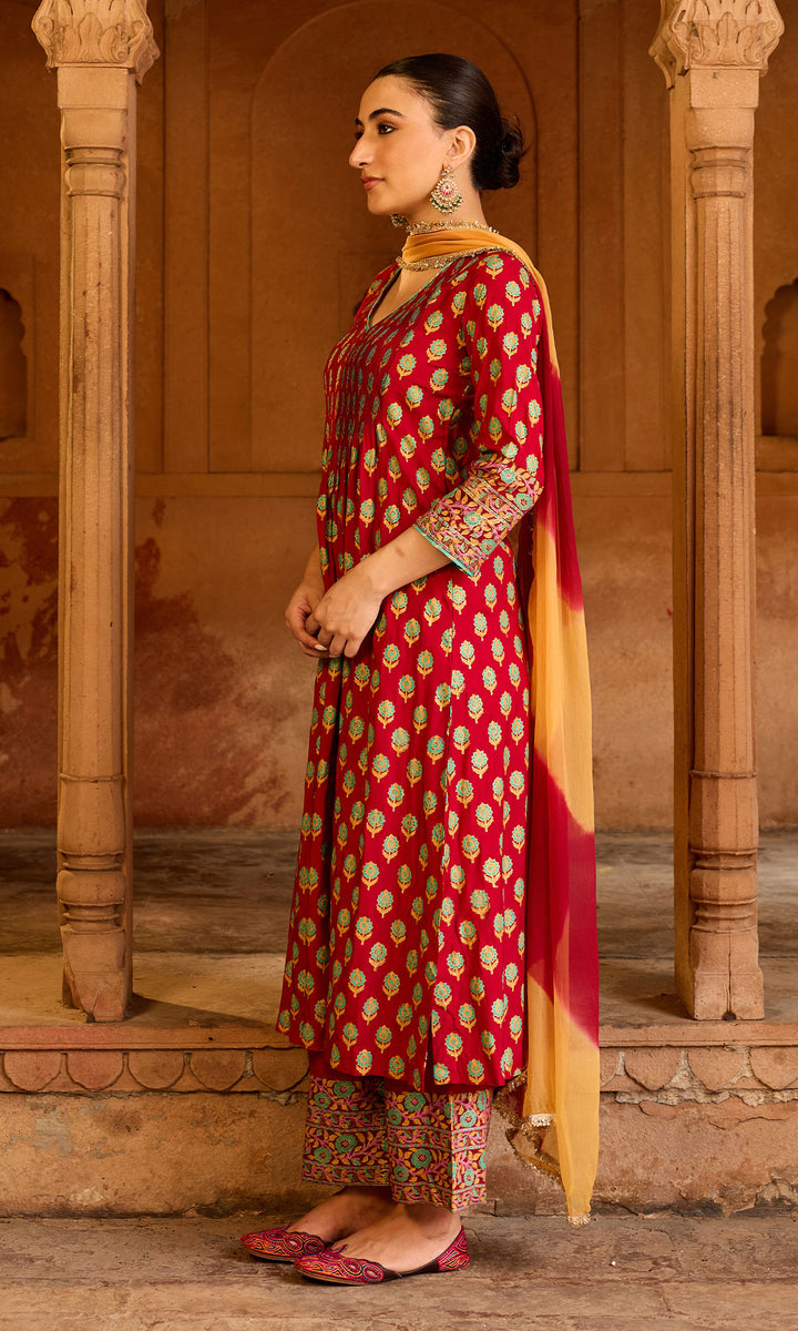 Boond 3.0 red block print pintuck kurta with palazzo and leheriya dupatta (set of 3)