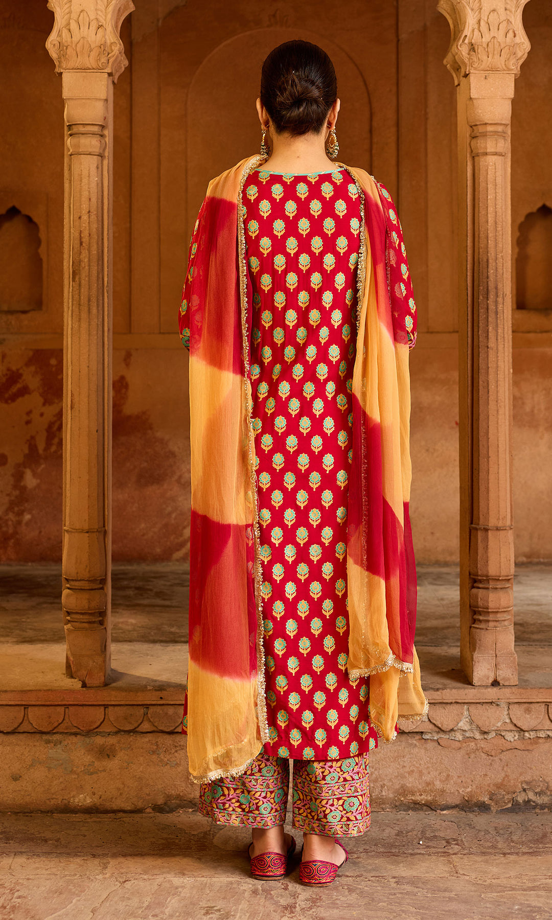 Boond 3.0 red block print pintuck kurta with palazzo and leheriya dupatta (set of 3)