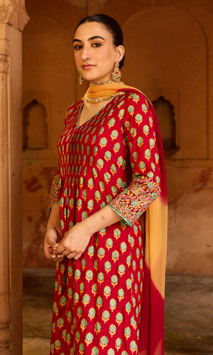 Boond 3.0 red block print pintuck kurta with palazzo and leheriya dupatta (set of 3)