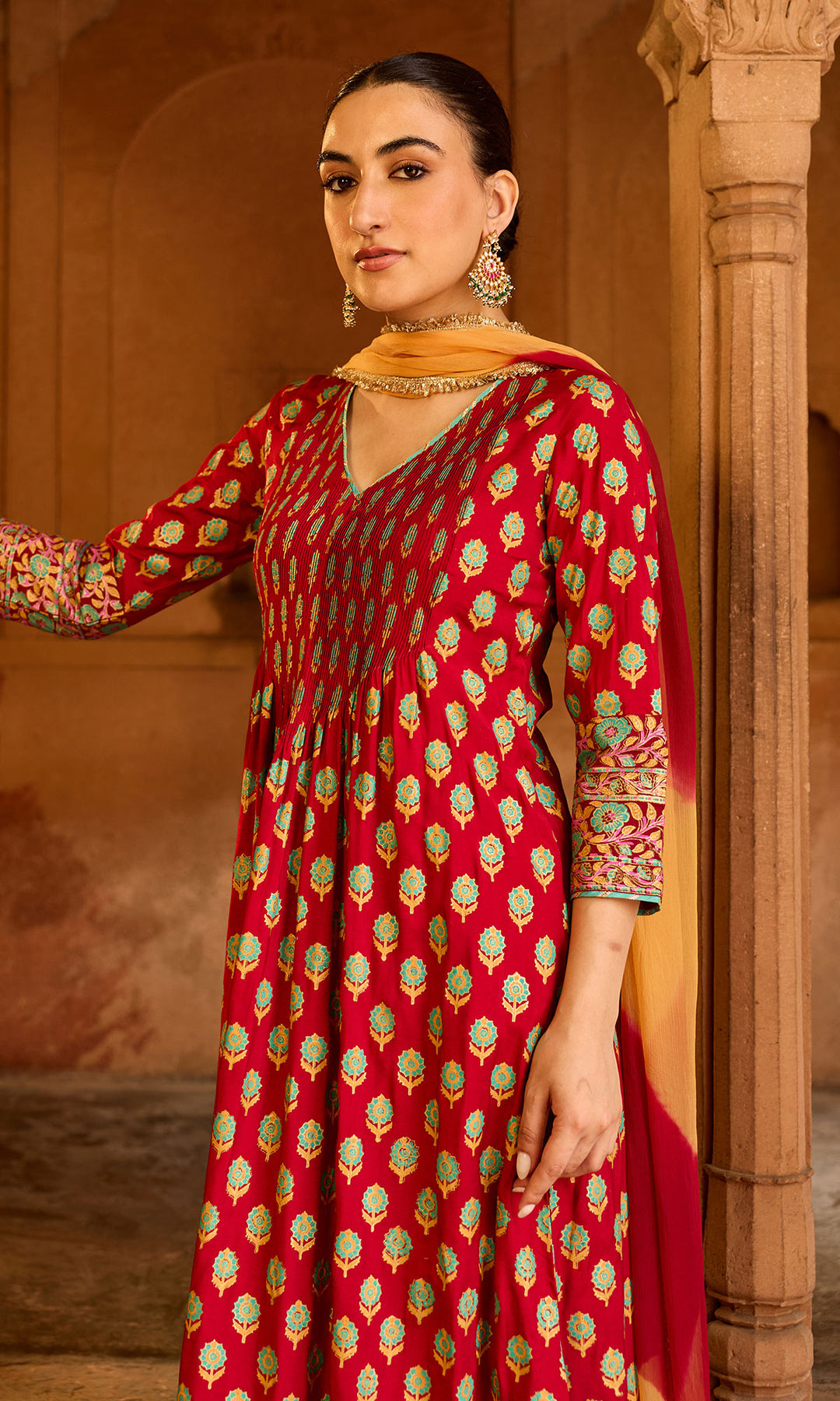 Boond 3.0 red block print pintuck kurta with palazzo and leheriya dupatta (set of 3)