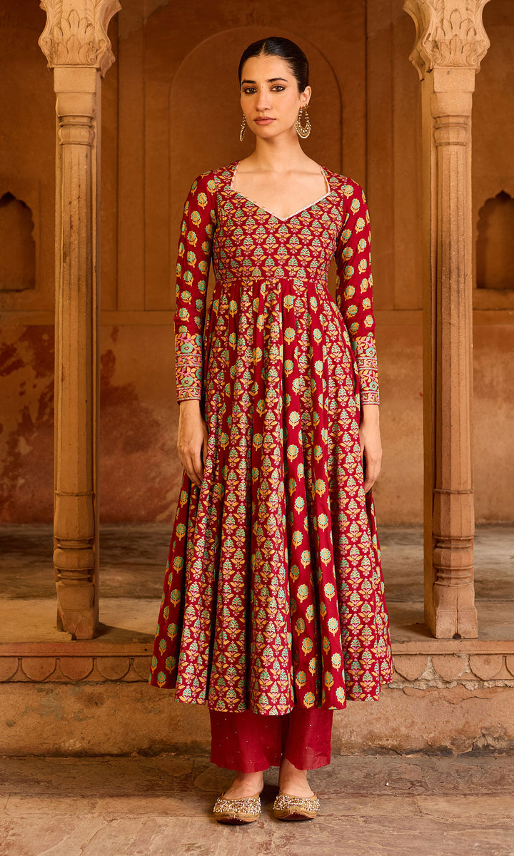 Boond 3.0 red block printed anarkali with palazzo and dupatta (Set of 3)