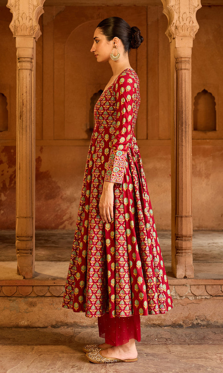 Boond 3.0 red block printed anarkali with palazzo and dupatta (Set of 3)