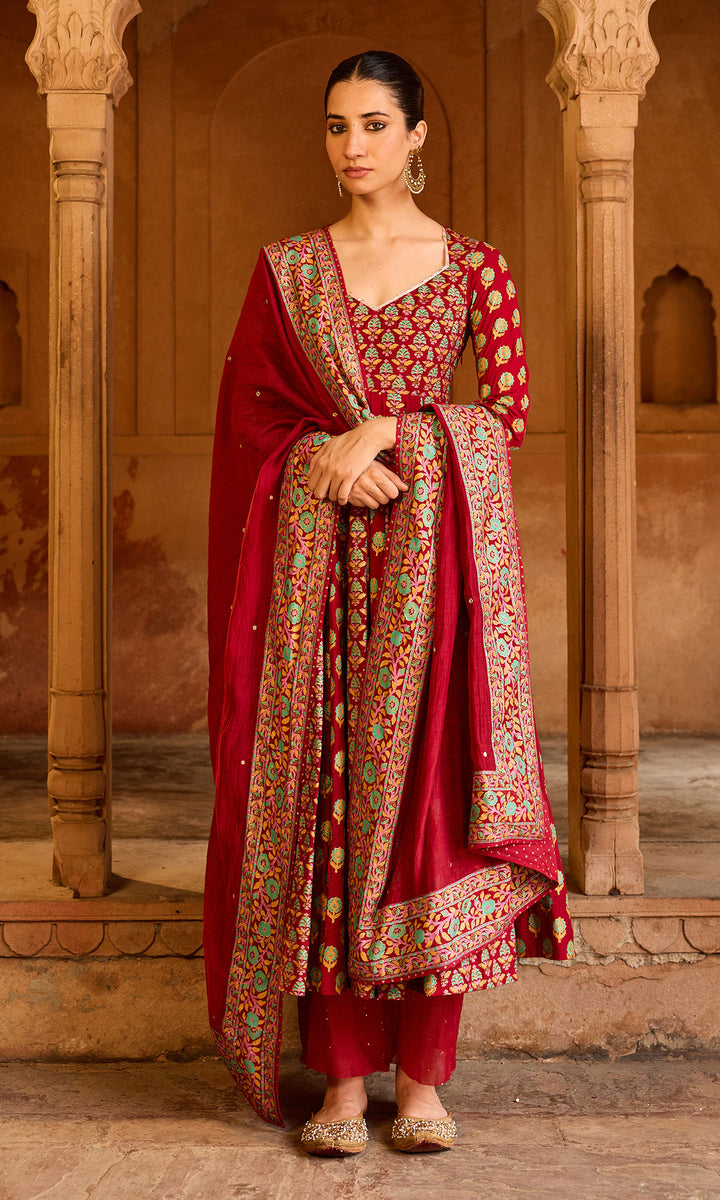 Boond 3.0 red block printed anarkali with palazzo and dupatta (Set of 3)
