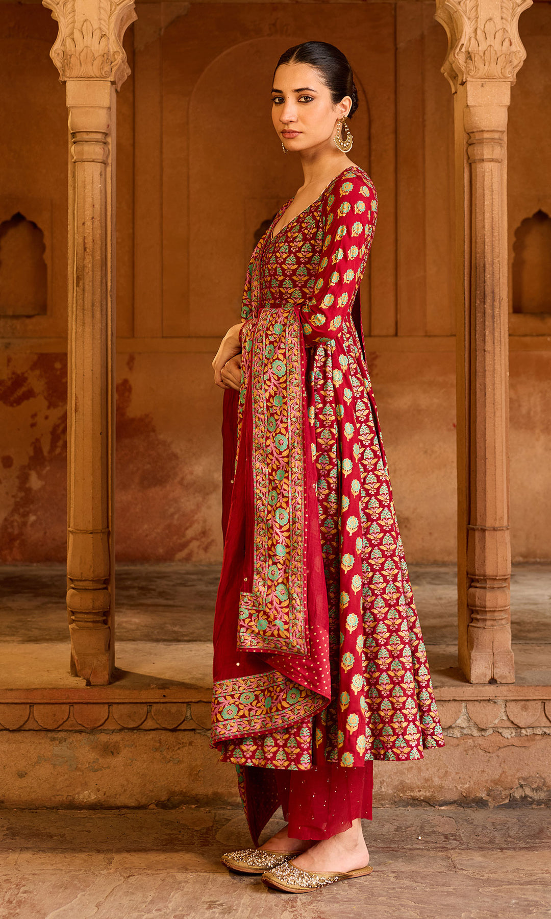 Boond 3.0 red block printed anarkali with palazzo and dupatta (Set of 3)