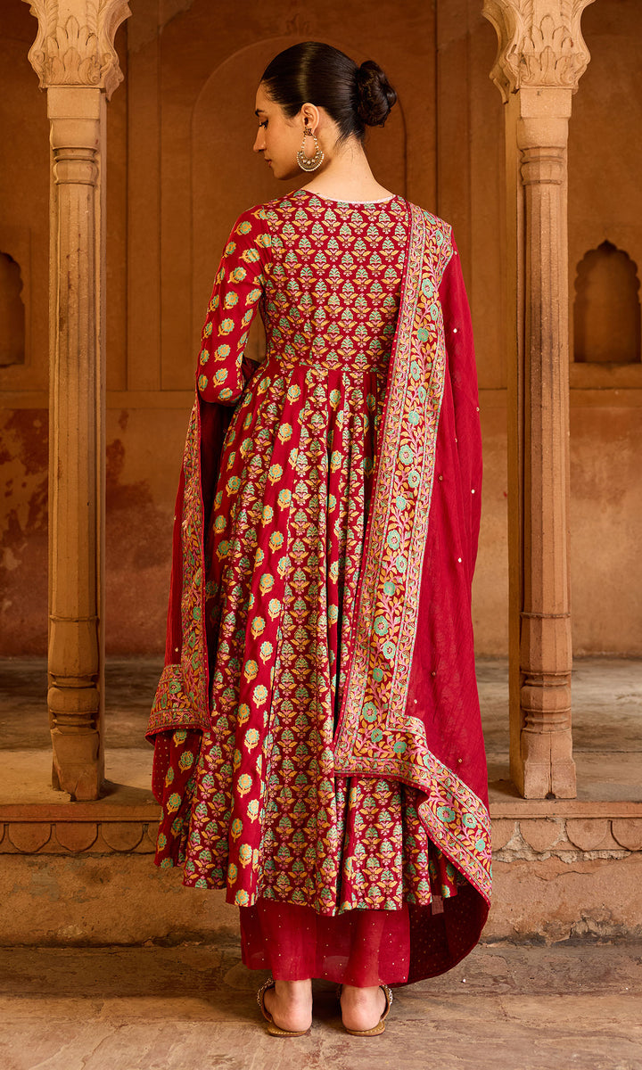 Boond 3.0 red block printed anarkali with palazzo and dupatta (Set of 3)