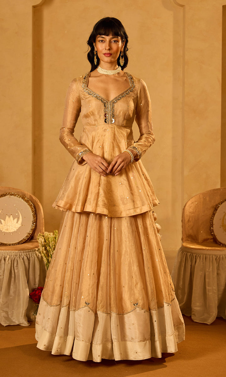 Dilbaro Tissue Ivory and Gold Tissue Lehenga with Kurta and Dupatta (set of 3)