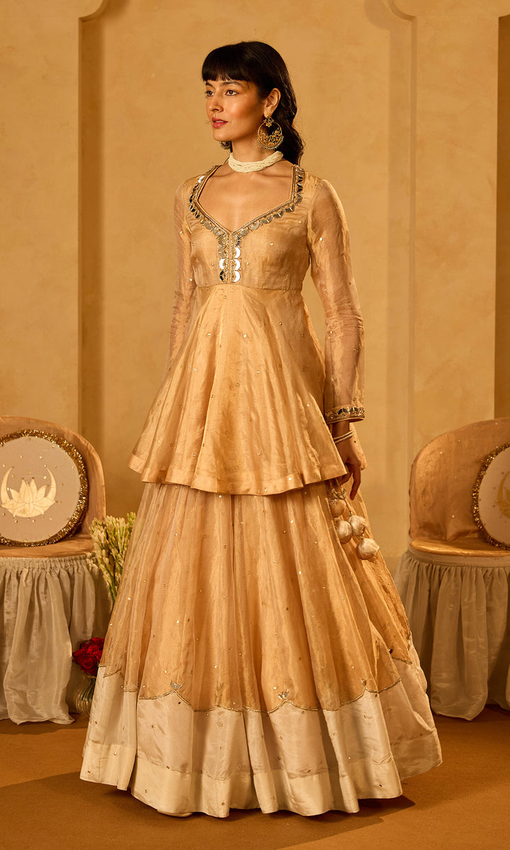 Dilbaro Tissue Ivory and Gold Tissue Lehenga with Kurta and Dupatta (set of 3)