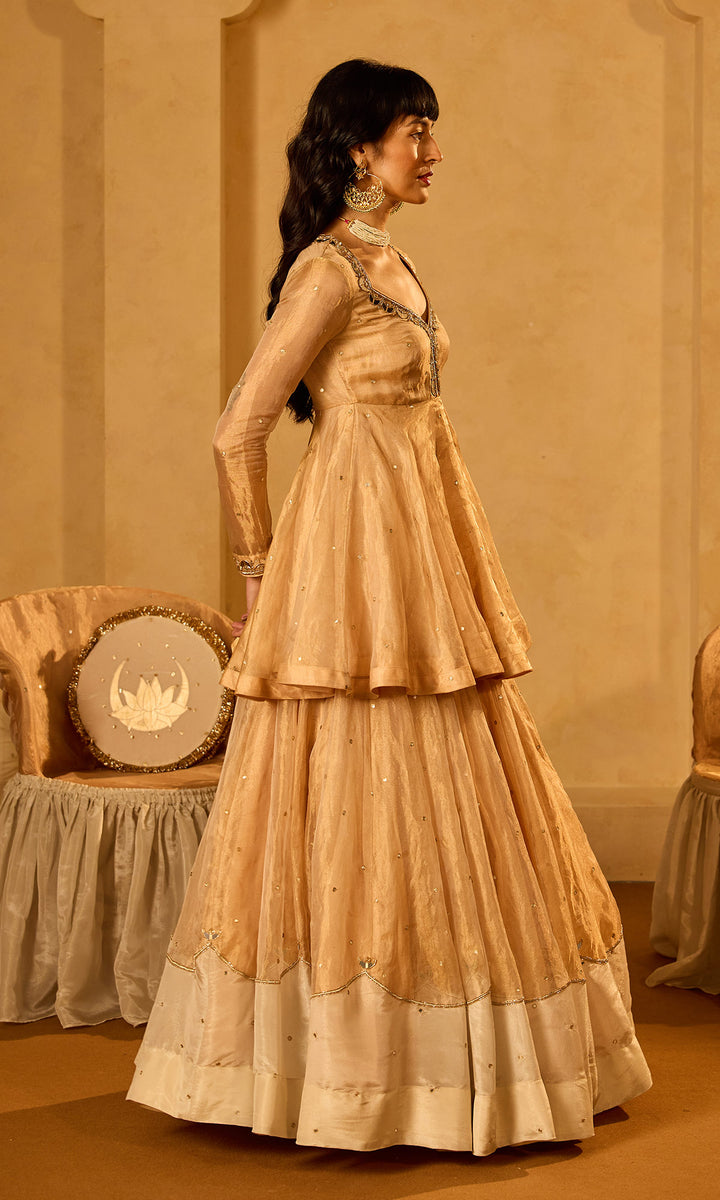 Dilbaro Tissue Ivory and Gold Tissue Lehenga with Kurta and Dupatta (set of 3)