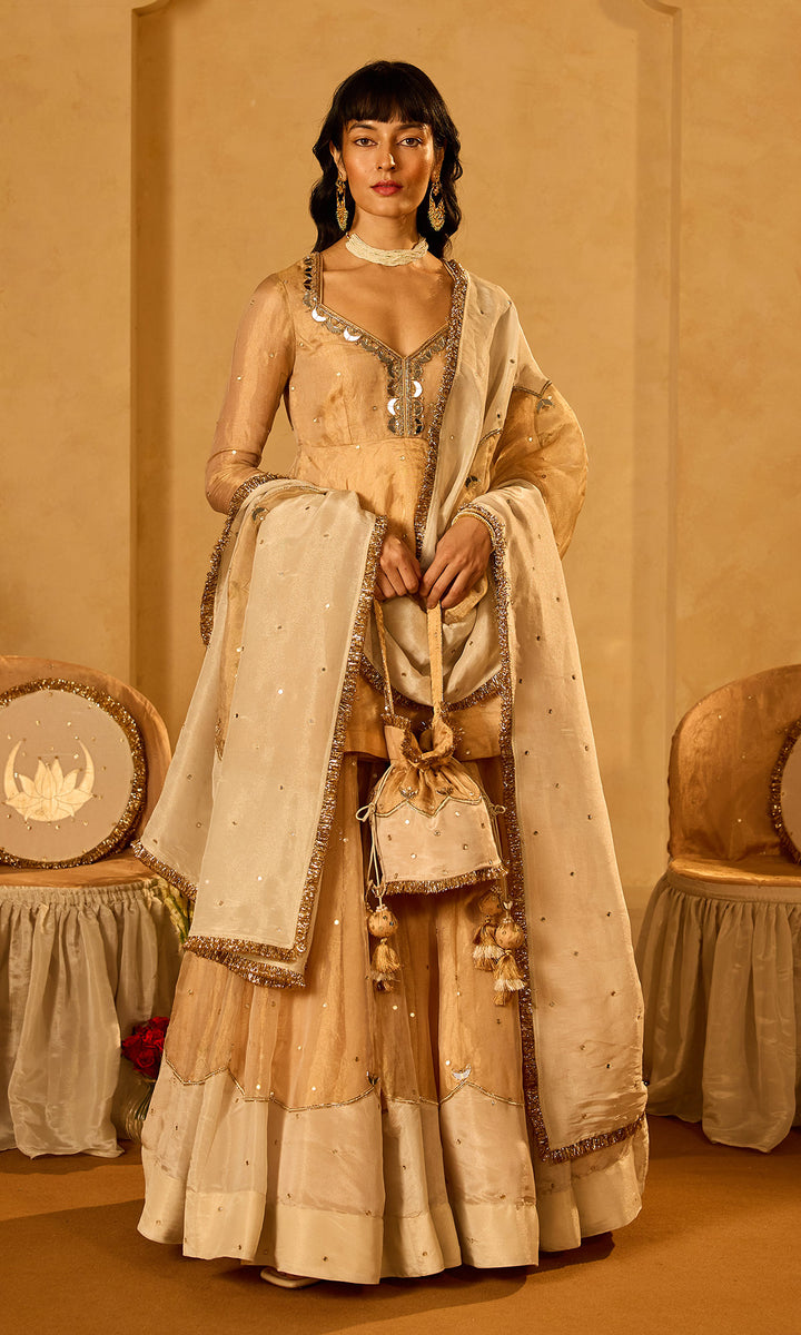 Dilbaro Tissue Ivory and Gold Tissue Lehenga with Kurta and Dupatta (set of 3)