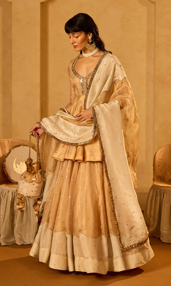 Dilbaro Tissue Ivory and Gold Tissue Lehenga with Kurta and Dupatta (set of 3)