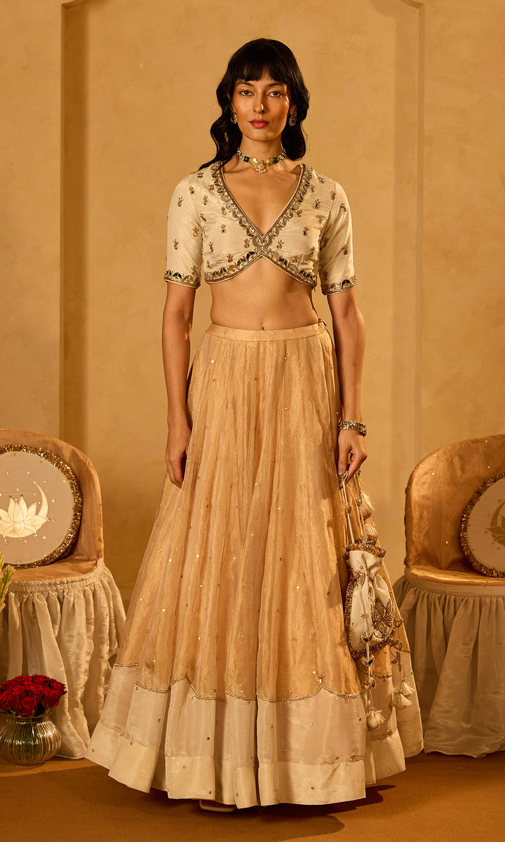 Dilbaro Tissue Ivory and Gold Tissue Lehenga with Blouse and Dupatta (set of 3)