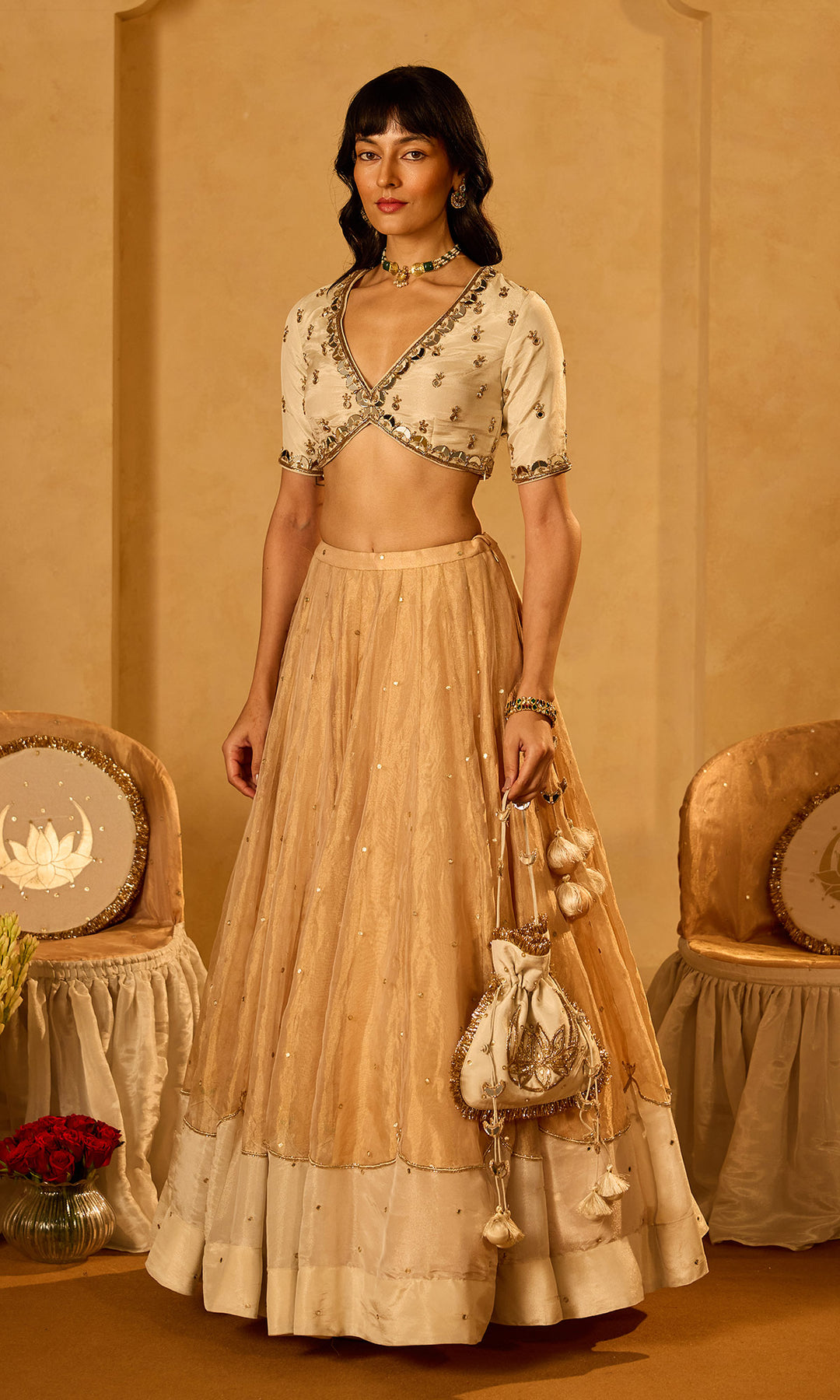 Dilbaro Tissue Ivory and Gold Tissue Lehenga with Blouse and Dupatta (set of 3)