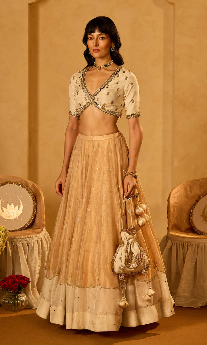 Dilbaro Tissue Ivory and Gold Tissue Lehenga with Blouse and Dupatta (set of 3)