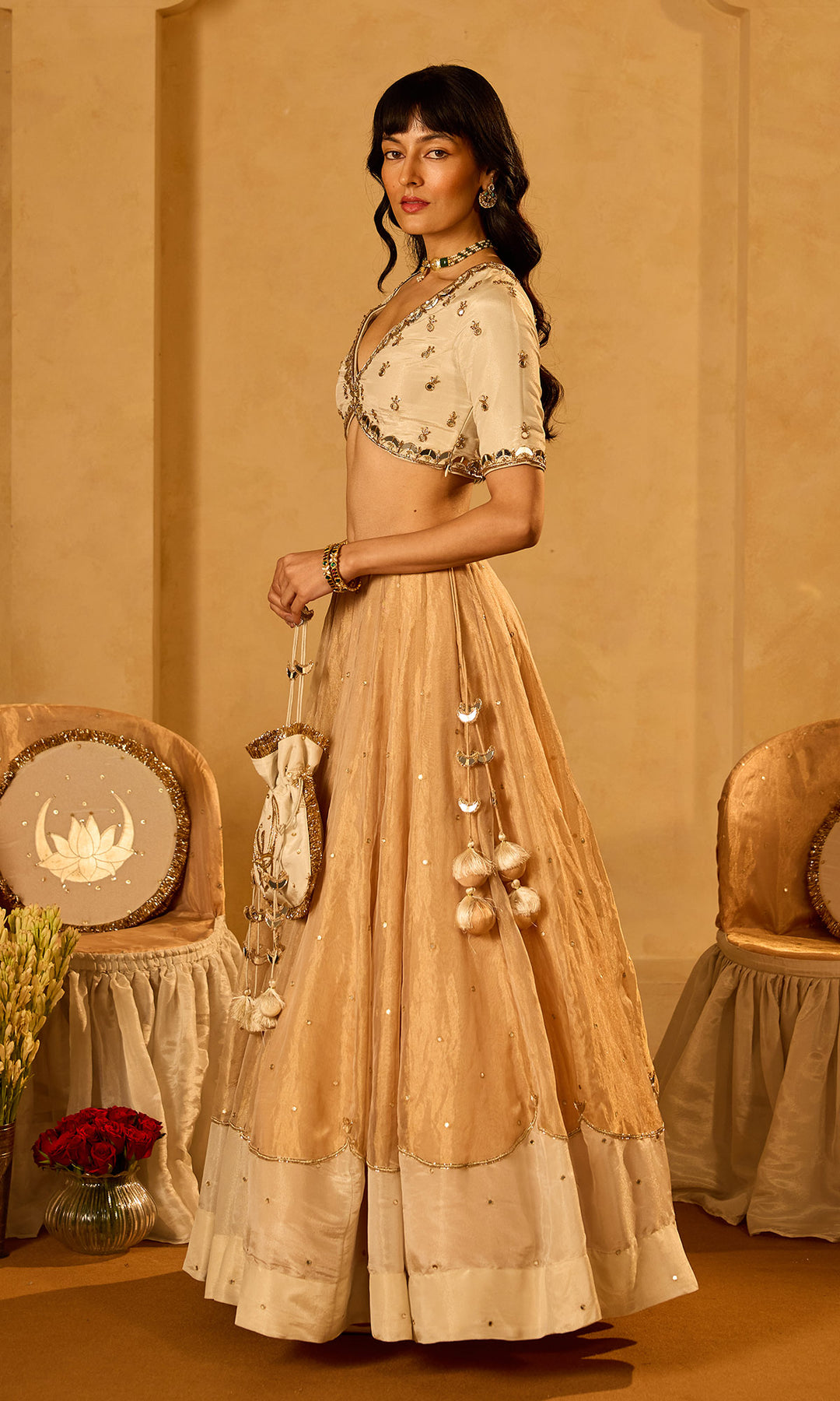 Dilbaro Tissue Ivory and Gold Tissue Lehenga with Blouse and Dupatta (set of 3)