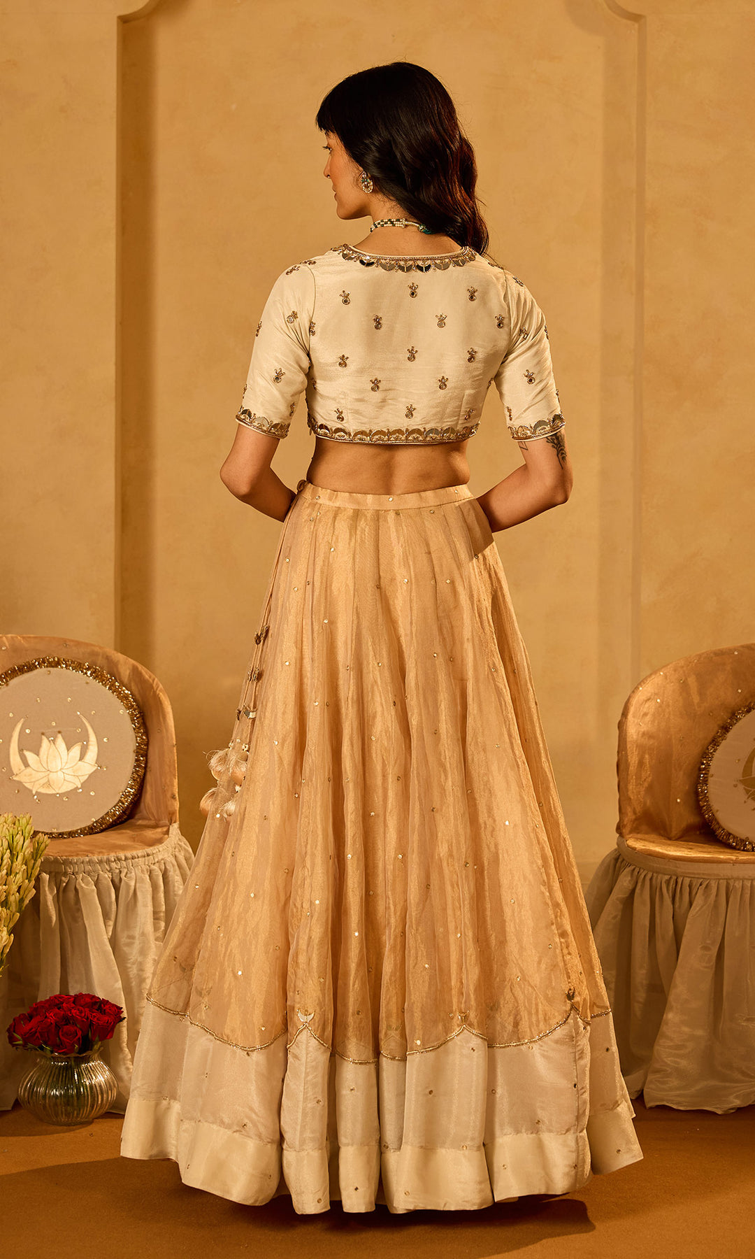 Dilbaro Tissue Ivory and Gold Tissue Lehenga with Blouse and Dupatta (set of 3)