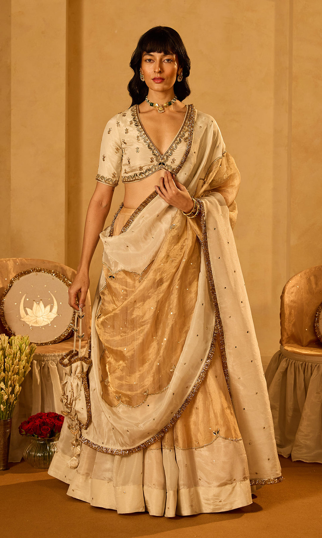 Dilbaro Tissue Ivory and Gold Tissue Lehenga with Blouse and Dupatta (set of 3)