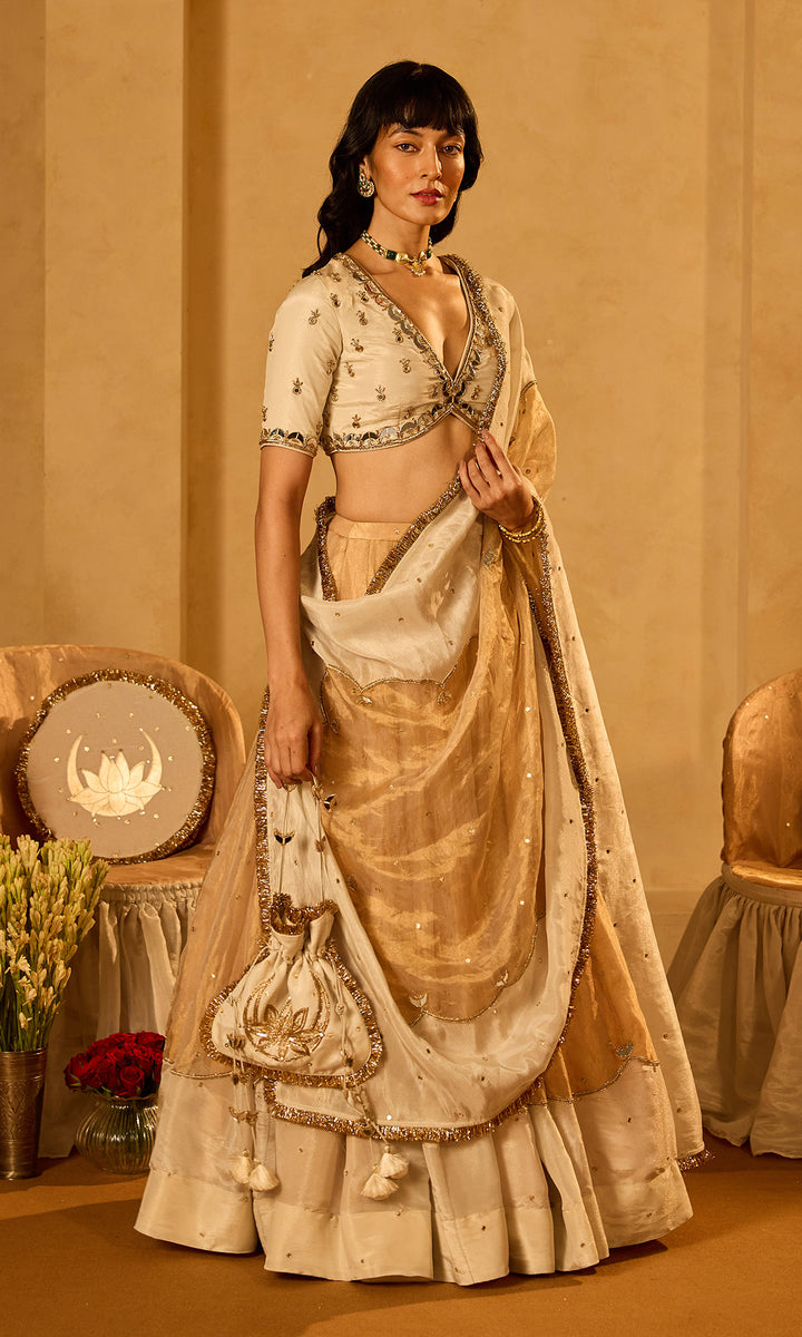 Dilbaro Tissue Ivory and Gold Tissue Lehenga with Blouse and Dupatta (set of 3)