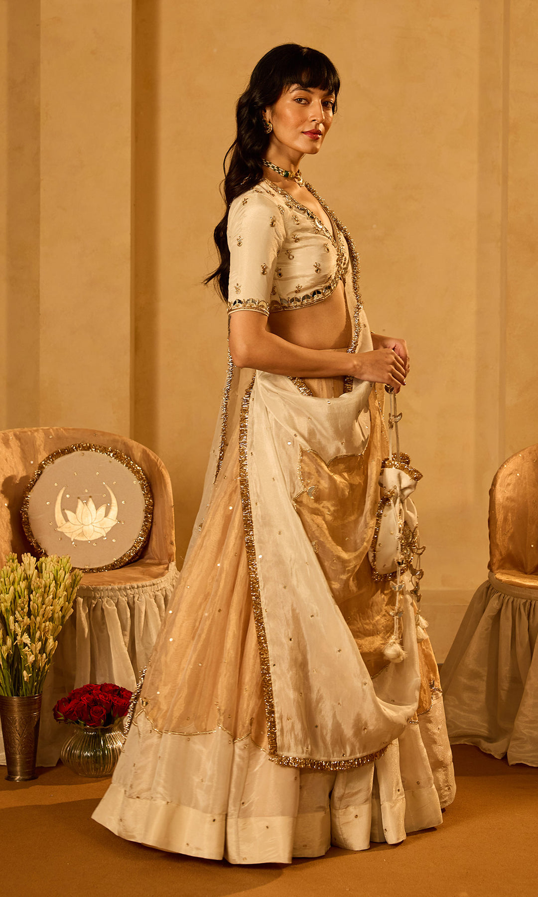 Dilbaro Tissue Ivory and Gold Tissue Lehenga with Blouse and Dupatta (set of 3)